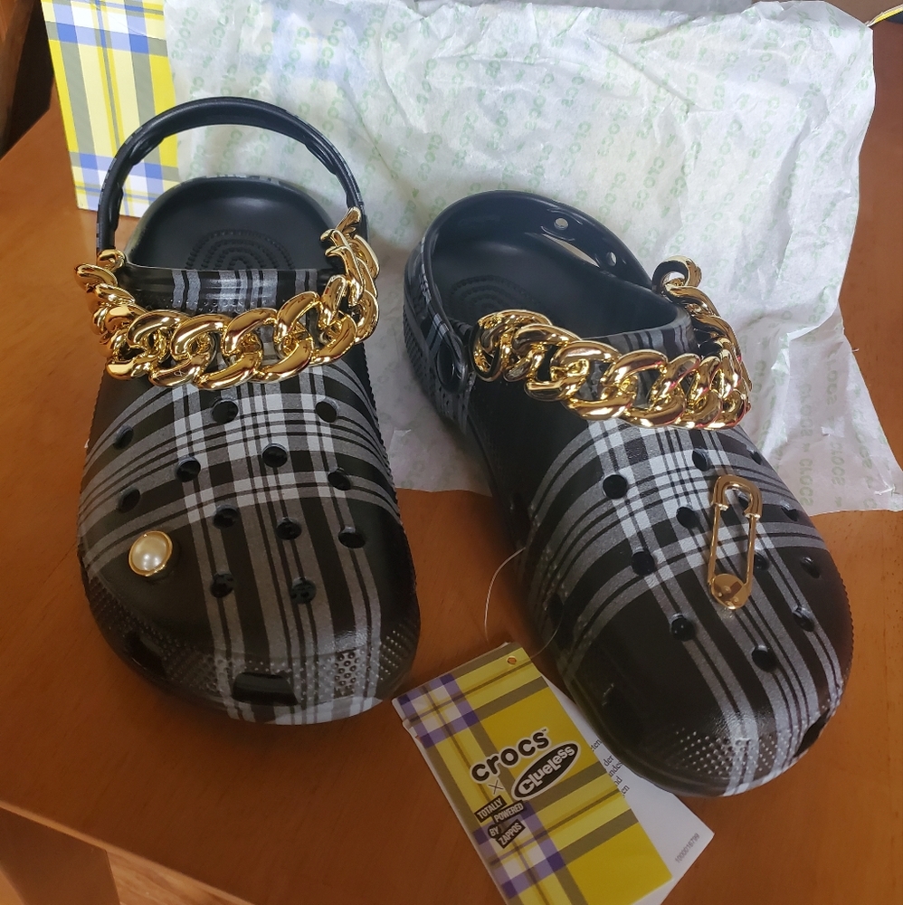 Crocs X Clueless           Black Plaid Clogs with Gold Chain